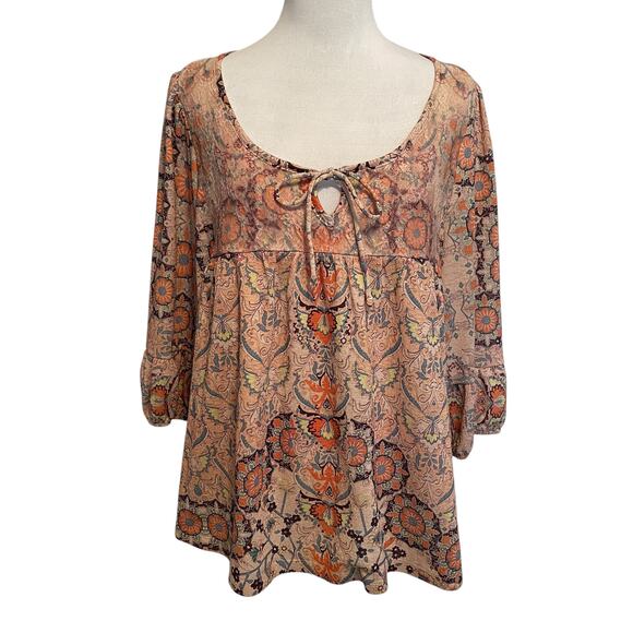 One World Boho Peasant Top Womens Large Tan Paisley Tie Neck Boho Blouse - Picture 1 of 7